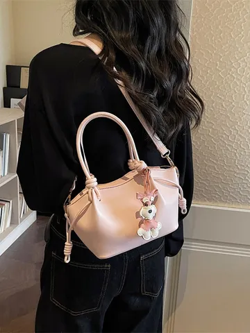 Nischendesign Einfarbig PU Leder Eimertasche für Damen Frühling Pendeln Kleine Tragetasche mit Hundeanhänger Schulterhandtasche