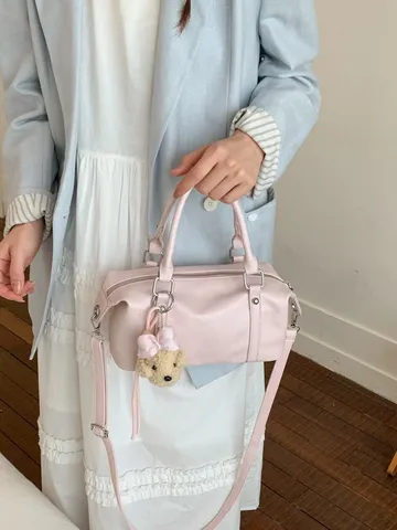 Sac Oreiller Boston en Cuir PU pour Femmes Été Petit Sac Fourre-Tout à Main Sac à Bandoulière Avec Pendentif Ours