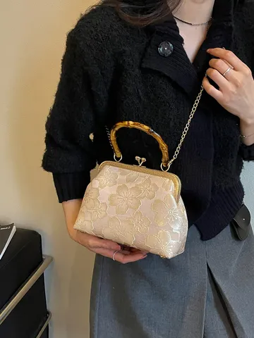 Women Floral Embroidered Canvas Shell Evening Bag Vintage Bamboo Handle Metal Kiss Lock Chain Crossbody Party Purse