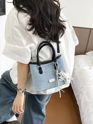 Korean Style Denim Bucket Bag For Women Fashion Simple Rhinestone Shoulder Crossbody Bag With Star Charm Versatile Commuting Tote Handbag