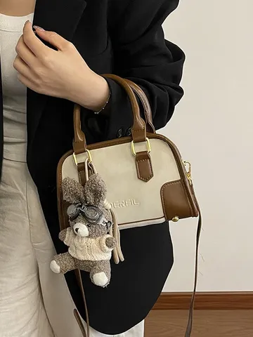 Women Korean Retro Contrast Color PU Leather Boston Bag Small Pillow Bag Handbag With Rabbit Pendant Crossbody Handheld Bag