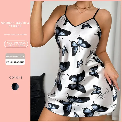 Dames Sexy Zijde-imitatie Nachthemd Vlinderprint Satijn Onderjurk V-hals Mouwloos Loungewear Nachthemd Voor Thuis