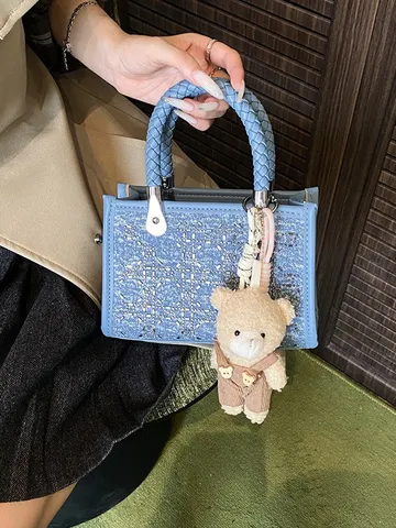 Summer Denim Blue Sequin Tote Bag Women Woven Handle Patchwork Crossbody Bag With Plush Bear Charm Shoulder Bag