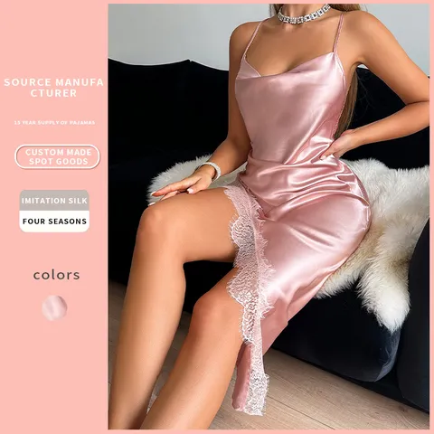 Camisón de Satén Rosa Sexy para Mujer Espalda Descubierta Borde de Encaje Abertura Lateral Cuello en V Lencería Elegante Estilo de Puro Deseo