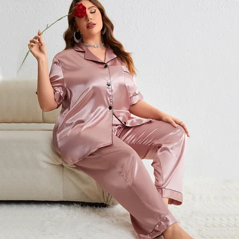 Women Plus Size Satin Pajama Set Contrast Piping Short Sleeve Top And Bottom Loose Sleepwear Casual Homewear