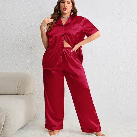 Women Plus Size Satin Pajama Set Contrast Piping Short Sleeve Top And Bottom Loose Sleepwear Casual Homewear