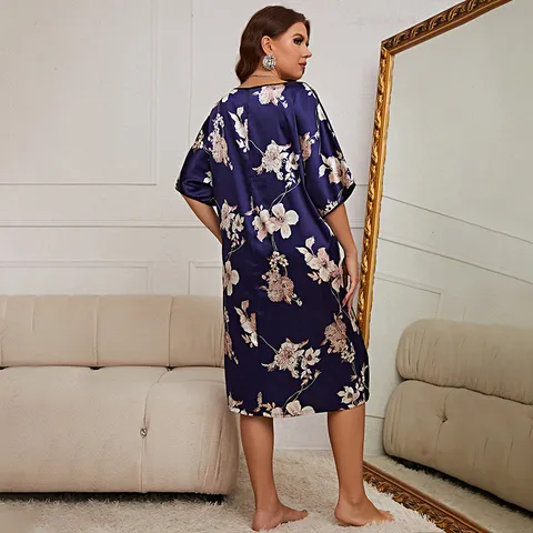 Camisón de Satén con Estampado Floral para Mujer Talla Grande Casual de Manga Corta Ropa de Dormir de Seda de Hielo Suelto