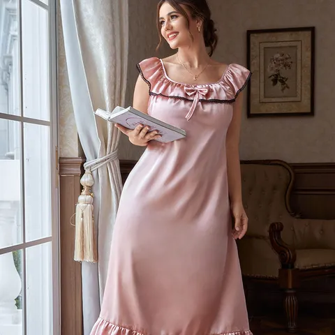 Women Plus Size Satin Nightdress Ruffles Black Lace Trim Bow Loose Sleepwear Sexy Sleeveless Home Dress