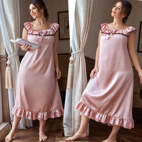 Women Plus Size Satin Nightdress Ruffles Black Lace Trim Bow Loose Sleepwear Sexy Sleeveless Home Dress