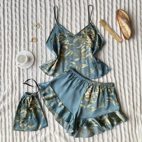Women Satin Floral Print Pajama Set V-Neck Cami Top And Ruffle Shorts Loungewear Sleepwear Set With Storage Bag