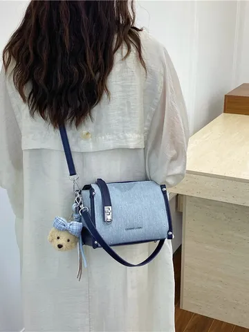 Fashion Denim Blue Splicing Bucket Bag For Women Rhinestone Sequins Shoulder Crossbody Bag Casual Commuter Handbag