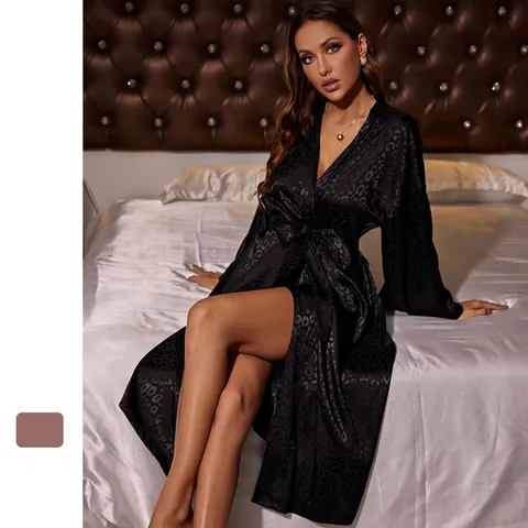 Women's Sexy Leopard Print Satin Robe Long Sleeve Tie Waist Cardigan Sleepwear Silky Faux Silk Bathrobe Morning Gown