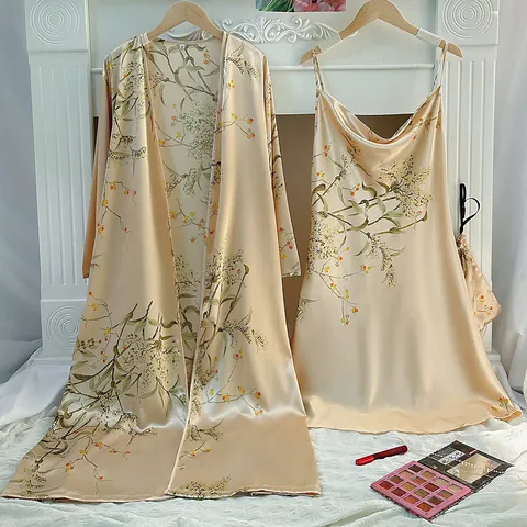 Women Cherry Print Faux Silk Pajamas Set Robe And Slip Dress Satin Loungewear Sleepwear Nightgown Nightwear For Home Wear