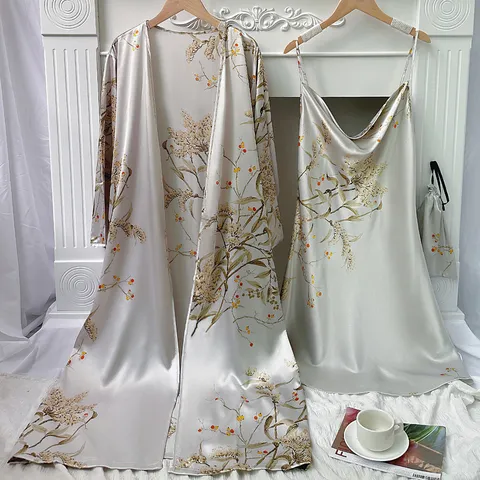 Women Cherry Print Faux Silk Pajamas Set Robe And Slip Dress Satin Loungewear Sleepwear Nightgown Nightwear For Home Wear