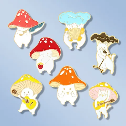 Cute Cartoon Mushroom Cat Enamel Brooch Pin Musical Cat Playing Instruments Alloy Painted Badge For Student Backpack Gift Jewelry