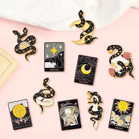 Tarot Card Enamel Pins Alloy Lacquered Snake Moon Sun Death Brooches Halloween Mystical Jewelry Badge For Women Men