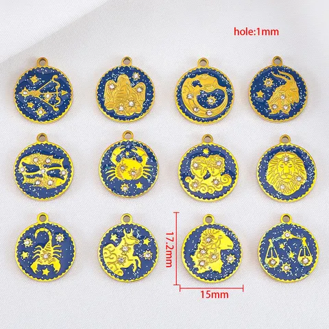 Stainless Steel Zodiac Sign Round Pendant Enamel Rhinestone Charms For DIY Necklace Bracelet Making Findings Gold Plated Astronomy Jewelry Components