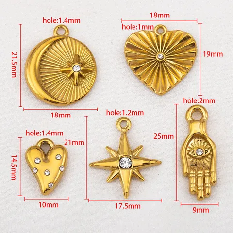 Colgantes de Acero Inoxidable 304 Chapado en Oro 18K Vintage Bohemio Corazón Estrella de Ocho Puntas Mano de Fátima para DIY