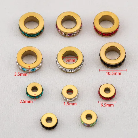 304 Stainless Steel 18K Gold Plated Large Hole Rhinestone Spacer Beads Colorful Circle DIY Necklace Bracelet Earring Findings Accessory