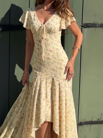 Abito Lungo Elegante da Festa con Scollo a V Francese Stampa Floreale Aderente Volant Manica Corta Vita Alta Donna