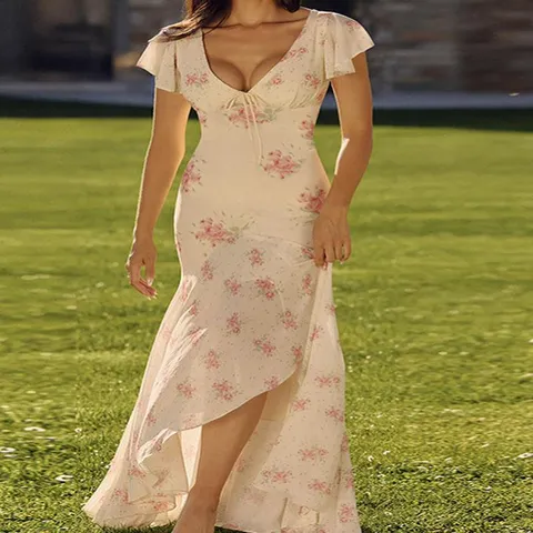 Abito Lungo Elegante da Festa con Scollo a V Francese Stampa Floreale Aderente Volant Manica Corta Vita Alta Donna