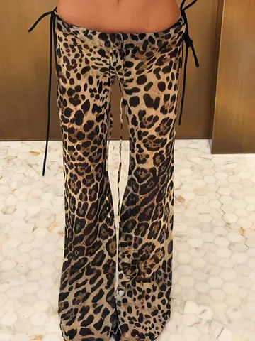 Donna Sexy Vita Bassa Vestibilità Slim Stampa Leopardo Pantaloni a Zampa Casual Streetwear Coulisse Pantaloni Lunghi Moda
