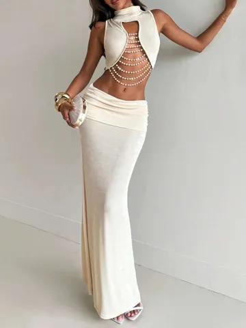 Donne Estate Sexy Aderente Collo alla Coreana Senza Maniche Traforato Catena di Perle Gilet E Bassa Vita Maxi Gonna Top E Fondo