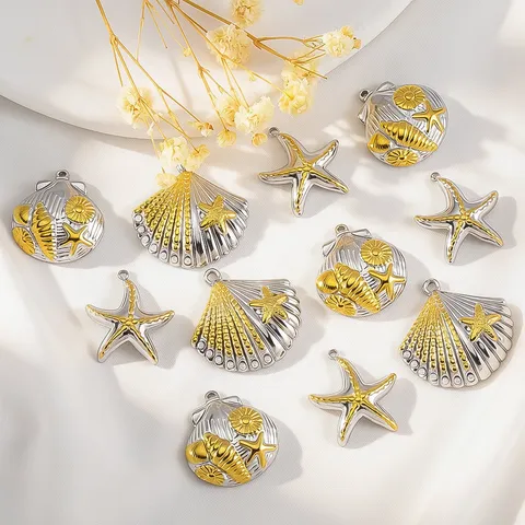 Piondoli in Acciaio Inossidabile 304 Tema Oceano Conchiglia Stella Marina Conchiglia Perla Artificiale Bicolore DIY Componenti per Gioielli per Collane Bracciali Donna