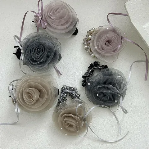 Korean Style Mesh Rose Flower Hair Tie Elegant Handmade Ribbon Hair Claw For Women Pearl Rhinestone Floral Hair Accessories