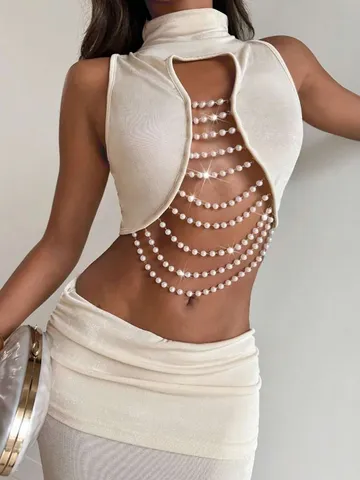 Donne Estate Sexy Aderente Collo alla Coreana Senza Maniche Traforato Catena di Perle Gilet E Bassa Vita Maxi Gonna Top E Fondo