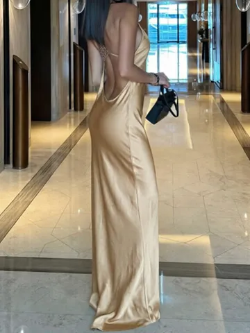 Stile Europeo e Americano Estate Donna Tinta Unita Sexy Vestibilità Affusolata Irregolare Schiena Scoperta Girocollo Gonna Fasciante Maxi Vestito