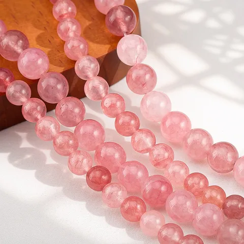 Dyed Quartz Stone Round Beads Pink Strawberry Color Loose Stones For DIY Jewelry Making Accessories Bracelet Semi-Finished Stones