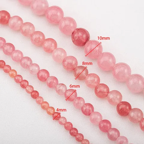 Dyed Quartz Stone Round Beads Pink Strawberry Color Loose Stones For DIY Jewelry Making Accessories Bracelet Semi-Finished Stones