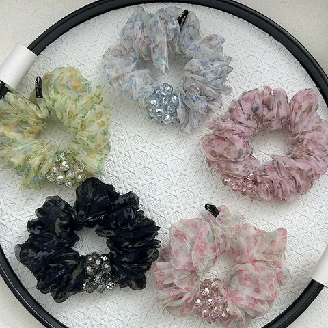 Korean Style Fluffy Organza Scrunchie Floral Leopard Print Hair Tie With Crystal Beads Sweet Ponytail Holder For Women