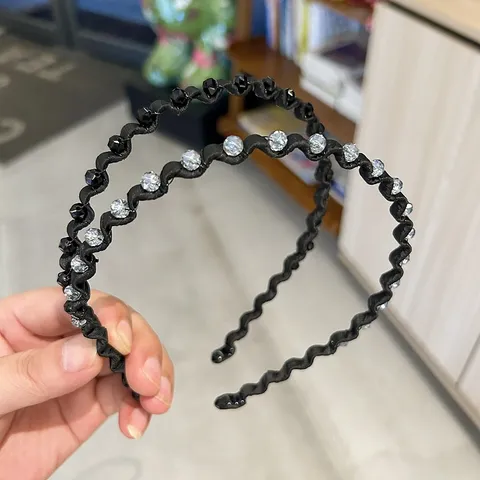 Korean Style Wave Rhinestone Hairband Elegant Plastic Fabric Headband Shiny Crystal Headwear For Women Daily Casual Party