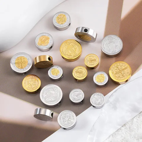 304 Stainless Steel 18K Gold Plated Embossed Round St Benedict Medal Spacer Beads For DIY Bracelet Jewelry Making Accessory