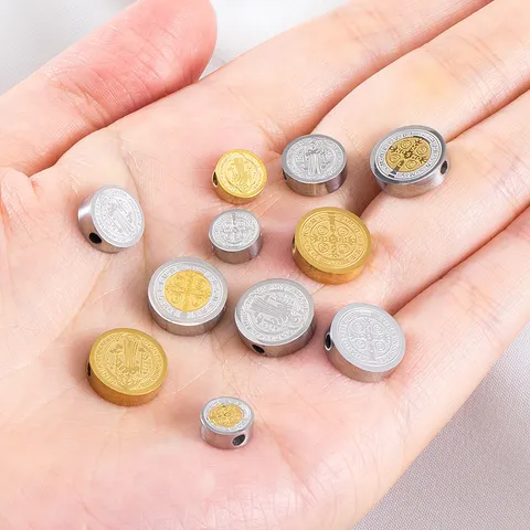 304 Stainless Steel 18K Gold Plated Embossed Round St Benedict Medal Spacer Beads For DIY Bracelet Jewelry Making Accessory