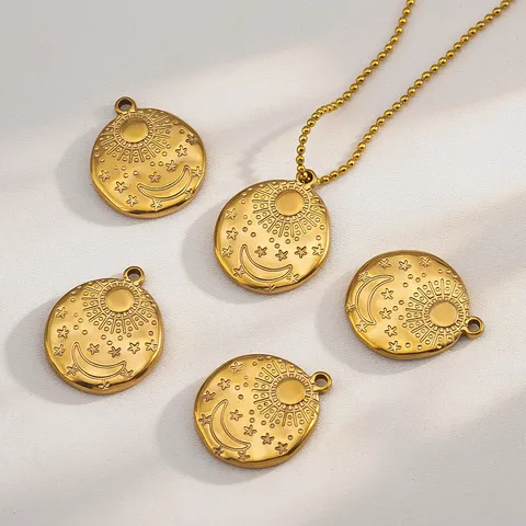 Sun Moon Star Round Coin Pendant 304 Stainless Steel 18K Gold Plated Relief DIY Necklace Earring Making Findings Astrology Jewelry Accessories