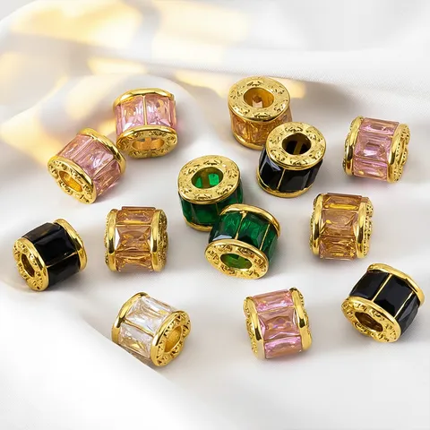18K Gold Plated Stainless Steel Large Hole Barrel Beads Glass Inlaid Vintage DIY Jewelry Making Supplies Charms Beads