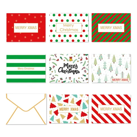 Cartoon Christmas Greeting Cards With Envelopes Merry Christmas Message Gift Cardboard Cards For New Year Holiday Decoration