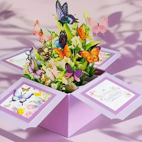 3D Pop Up Birthday Card Colorful Butterfly Box Cardstock Greeting Card Floral Design Handmade Birthday Gift Card For Women Girls