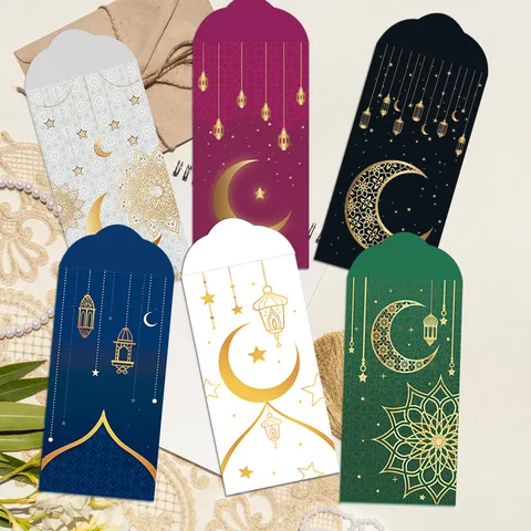 Sobres Rojos Ramadan Eid Mubarak Juego de 6 Estampado Oro Luna Islámica Castillo Patrón Sobres para Dinero Suerte