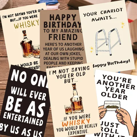 Humorous Birthday Greeting Cards Set With Envelopes Funny Whiskey Illustration Vintage Style Cardstock Holiday Greeting Cards