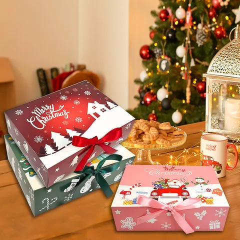 Cartoon Christmas Gift Box Set With Bow Ribbon Flip Top Folding Candy Box For Party Christmas Festive Decoration Packaging