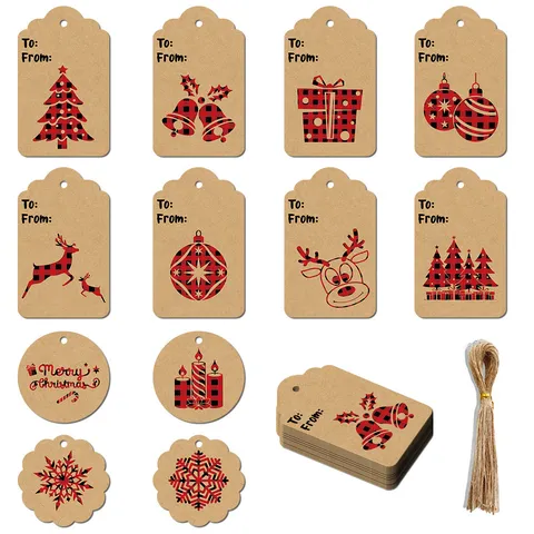 Christmas White Cardboard Gift Tags Reindeer Tree Snowflakes Plaid Design Hanging Labels For Xmas Party Gift Wrapping Packing Decoration