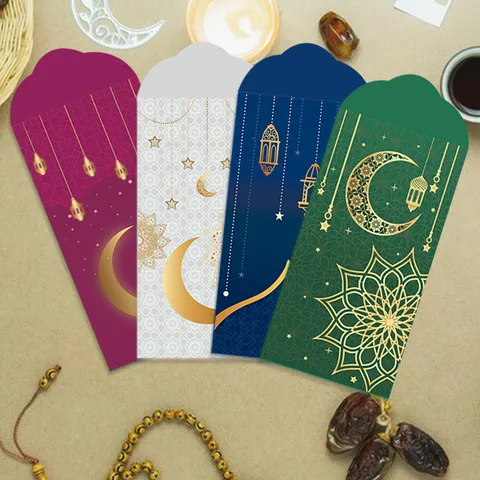 Sobres Rojos Ramadan Eid Mubarak Juego de 6 Estampado Oro Luna Islámica Castillo Patrón Sobres para Dinero Suerte