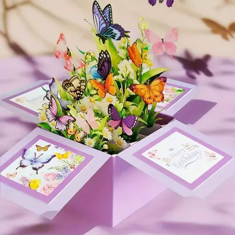 3D Pop Up Birthday Card Colorful Butterfly Box Cardstock Greeting Card Floral Design Handmade Birthday Gift Card For Women Girls
