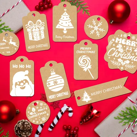 Set di Etichette Regalo in Carta Kraft di Natale Con Corde di Juta Babbo Natale Renna Fiocco di Neve Stampato Etichette Appese per Regali