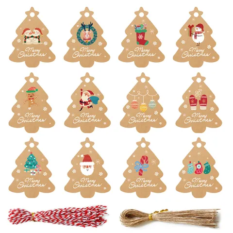 Étiquettes de Cadeaux de Noël en Papier Kraft Forme de Sapin de Noël Ornements Suspendus Motifs Père Noël Bonhomme de Neige Décoration de Fête