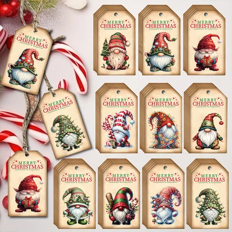 Christmas Gnome Paper Gift Tags Merry Christmas Hanging Labels With Strings For Holiday Party Present Decoration Gnomes Pattern